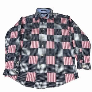 Tommy Hilfiger Shirt Mens XL Red White‎ Blue Patchwork Stars Stripes Button Down